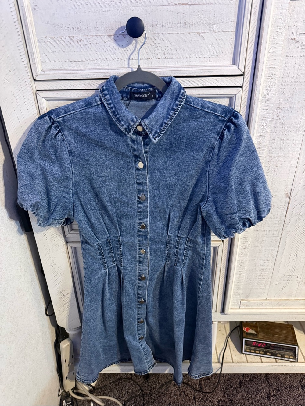 Allegra K Blue Denim Midi Dress with Puff Sleeves